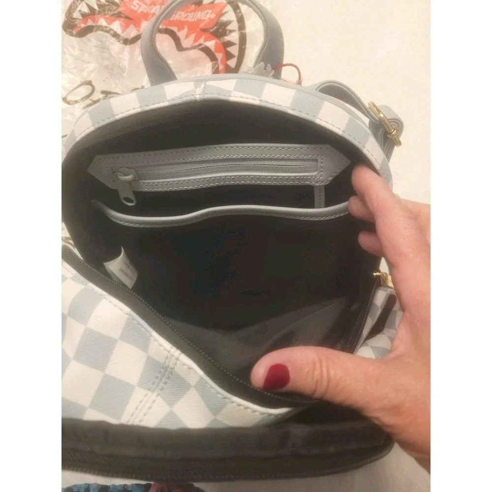 NWT Sprayground Shark Legacy Check Savage Mini/Small Backpack Gray/White/Br/BLK
